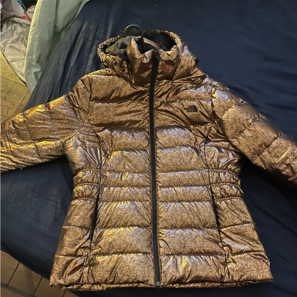 Warm Metallic gold north face puffer jacket